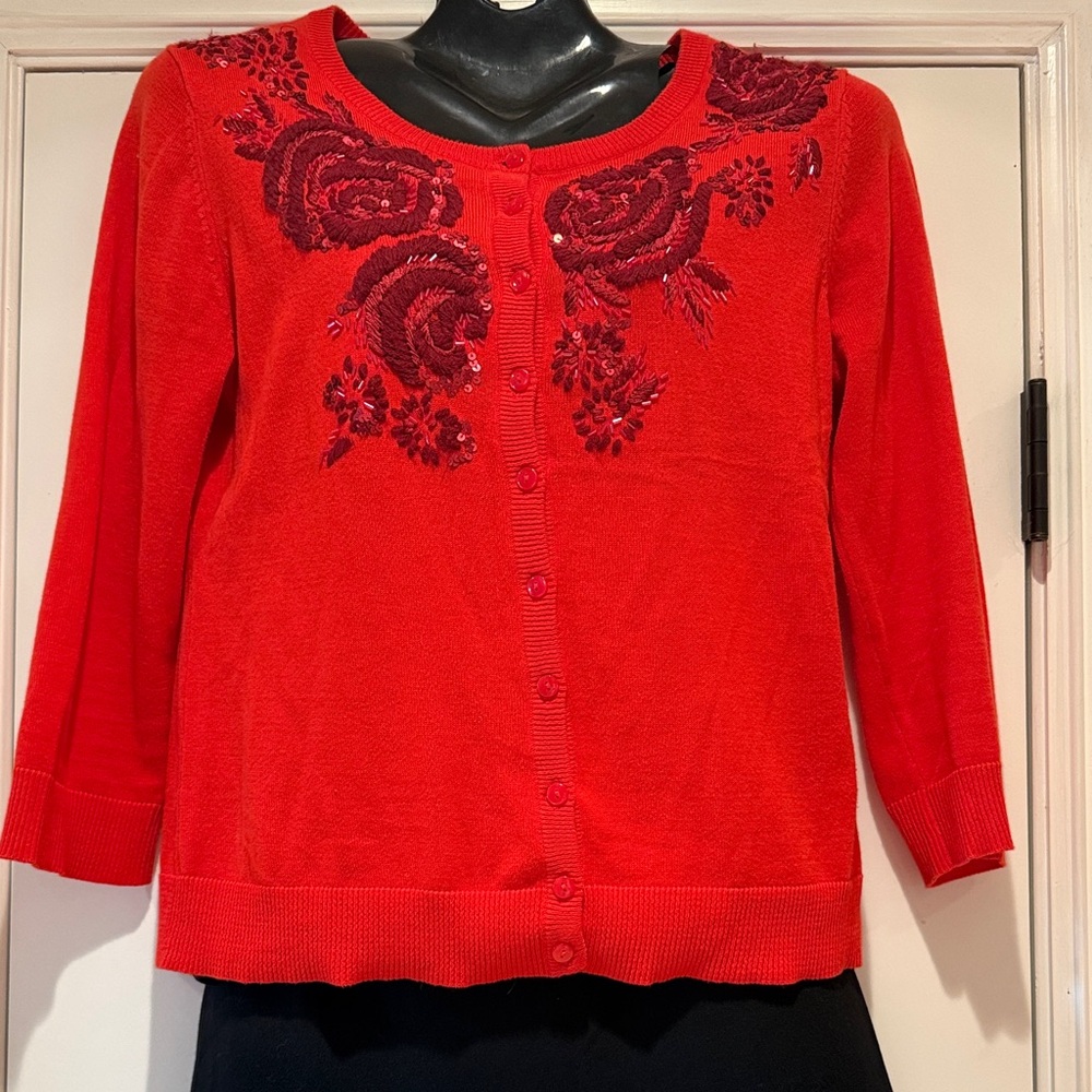 Anthropology Tabitha Red Floral Embellished Women's Cardigan